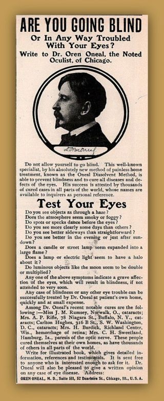 1903 A Ad Oren Oneal Noted Oculist Doctor Blindness Cured Quack