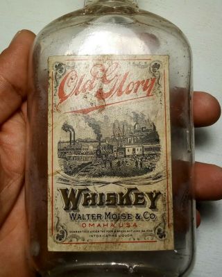 Antique Walter Moise Omaha Nebraska Old Glory Whiskey Flask Labeled Rare Train