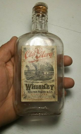 Antique Walter Moise Omaha Nebraska Old Glory Whiskey Flask Labeled Rare Train 2