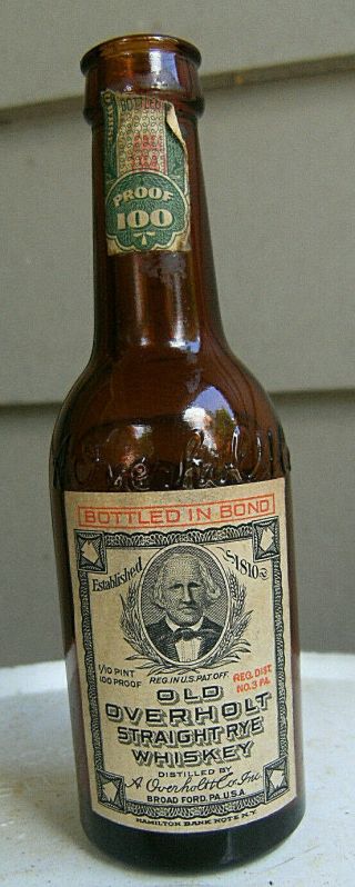 Old Overholt Straight Rye Whiskey Minature Bottle (empty) Broad Ford,  Pa 1941