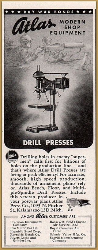 1943 Atlas Drill Press Print Ad War Effort Troops Machine Gun Battlefield Wwii