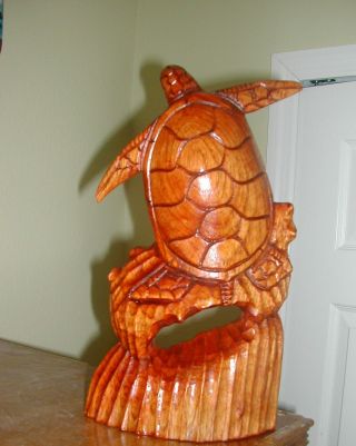 Hand Carved 12 " Tall Teak Wood Sea Turtle On Stained Dark Teak Base Clear Coat