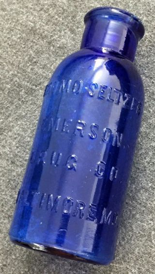 Antique Bromo Seltzer Emerson Drug Co.  Baltimore Blue Glass Bottle