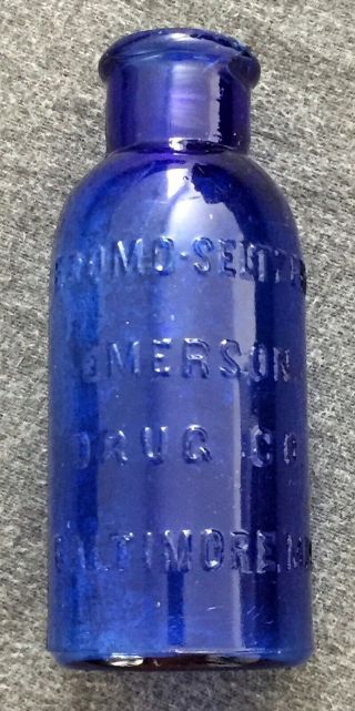 Antique BROMO SELTZER EMERSON DRUG CO.  BALTIMORE Blue Glass Bottle 3