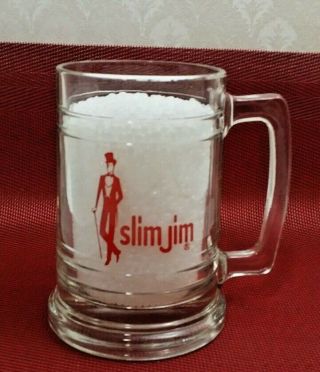 Vintage Slim Jim Clear Glass Beer Stein Mug Glass Advertising Old Logo Top Hat
