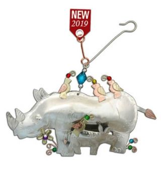 Rhinoceros Rhino & Baby Calf Metal Ornament Nwt Fair Trade Handmade Thailand