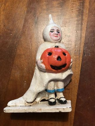 Cast Iron Vintage Style Halloween Trick - Or - Treat Ghost Girl W/ Pumpkin Coin Bank