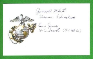 James A.  White Wwii Usmc Iwo Jima G - 2 Scout,  Guam Liber.  Signed 3x5 Card E19201
