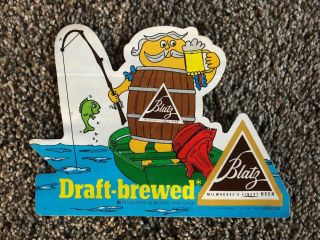 (vtg) 1960s Blatz Beer Barrel Man Fishing In Boat Sticker Milwaukee Draft Brewed
