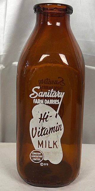 Vintage Amber Brown Quart Milk Bottle Sanitary Farm Dairies Hi Vitamin Mile