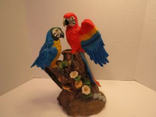 Tropical Rainforest Paradise Birds 2 Macaw Parrots Perching On Branch Statue
