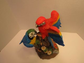 Tropical Rainforest Paradise Birds 2 Macaw Parrots Perching On Branch Statue 2