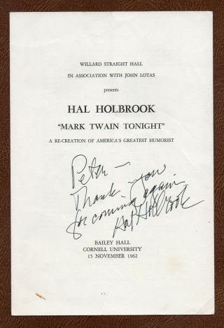 Hal Holbrook 1962 Mark Twain Tonight Signed Program Cornell University