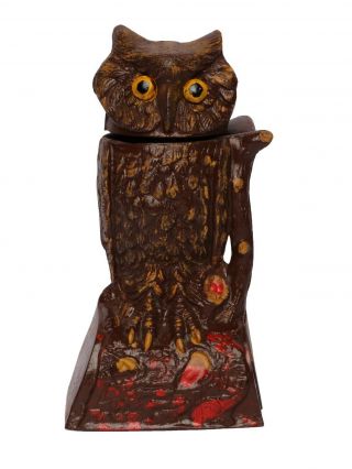 Money Bank Antique /vintage Style Cast Iron Mechanical Brown Owl,  Turns Head Box