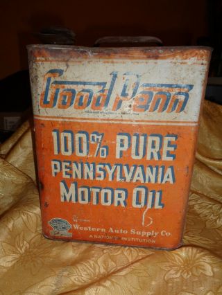 Vintage Good Penn Motor Oil Can 2 Gallons Unique Pour Spout