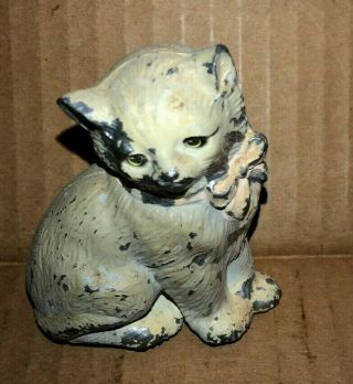 Vintage Small Cast Kitty Cat With Pink Bow Paper Weight
