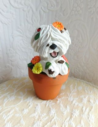 Old English Sheepdog In The Flower Pot Sculpture Clay By Raquel Thewrc Ooak