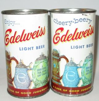 2 diff.  Edelweiss flat top beer can,  Chicago,  IL,  South Bend,  IN,  1950s 2