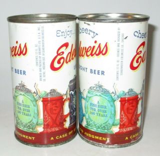 2 diff.  Edelweiss flat top beer can,  Chicago,  IL,  South Bend,  IN,  1950s 3