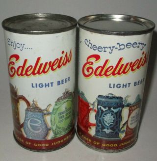 2 diff.  Edelweiss flat top beer can,  Chicago,  IL,  South Bend,  IN,  1950s 7
