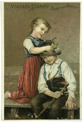 Victorian Trade Card Niagara Starch Pure Sweet Children Boy Sword Girl Fixes Hat