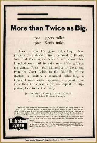 1902 A Rock Island Railroad System Pullman " More Than Twice As Big " Print Ad