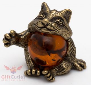 Solid Brass Amber Figurine Of Cat Raccoon Ironwork