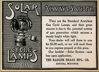 1900 Badger Brass Bicycle Acetylene Solar Lamp Outdoor Lighting Sports Print Ad