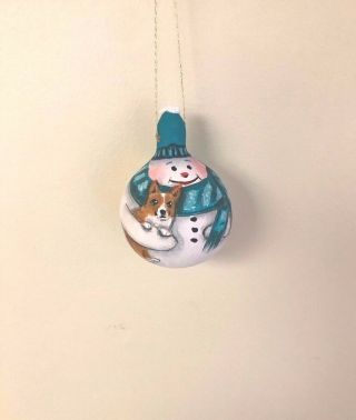Hand Painted Snowman And Corgi Gourd Ornament / Ann