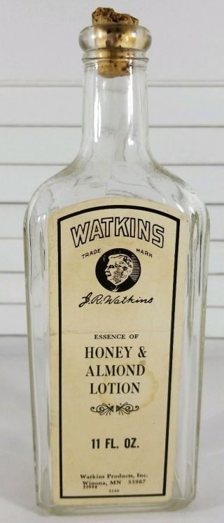 Vintage Antique Watkins Trial Mark Clear Glass Lotion Bottle 8 1/2 " Cork Usa