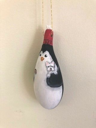 Hand Painted Penguin & Westie West Highland Terrier Gourd Ornament /ann
