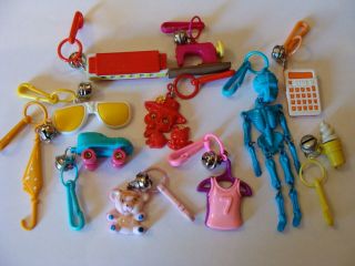 Vintage 80’s Plastic Bell Charms A - 24 Calculator Dogs Skeleton Skate Ice Cream