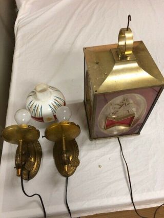 Vintage Budweiser Beer Lights Wall Sconce Lamps W/ Glass & Plastic Light 1960 