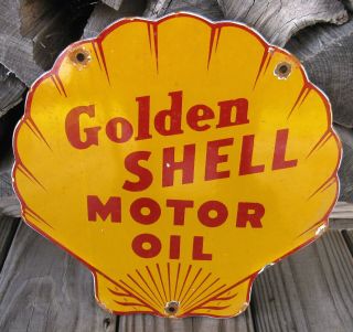 Golden Shell Motor Oil Vintage Porcelain Enamel Gas Pump Service Station Sign