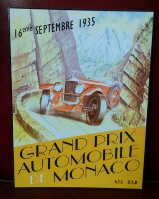 Rare Grand Prix 1935 Monaco Vintage Metal Sign Heavy Guage Metal Porcelain Look