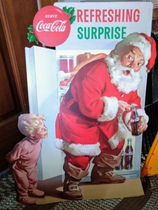 1960s Coca - Cola " Refreshing Surprise " Santa Clause Die Cut Sign.  Nos &