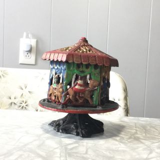 Colorful Cast Iron Carousel Bank Vintage Merry Go Round Old Turns