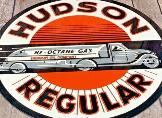 Vintage Hudson Regular Gas 11 3/4 " Porcelain Metal Gasoline & Oil Company Sign