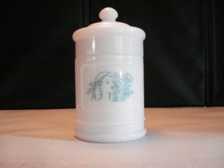 Vintage White Milk Glass Jar W/ Blue Design W/top,  4.  5 X 2.  5