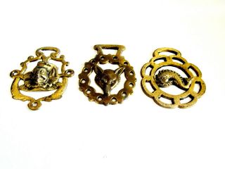 Vintage 3 Brass Horse Harness Ornaments/medallions Fox,  Brass Fish,  & Jester