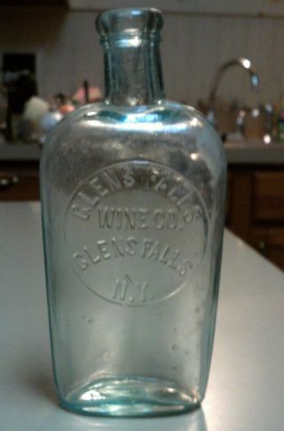 Antique Whiskey Flask Glens Falls Wine Co Glens Falls Ny Applied Top Aqua