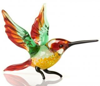 Green Red Hummingbird Figurine Blown Glass " Murano " Art Animal Bird Miniature