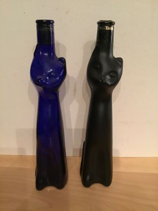 2 Cat Wine Bottle Riesling Clear Cobalt Blue And Black Glass Germany