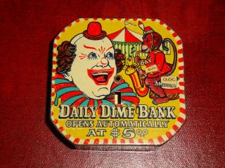 Vintage 1956 Clown Tin Litho Daily Dime Register Bank Vg Graphics &