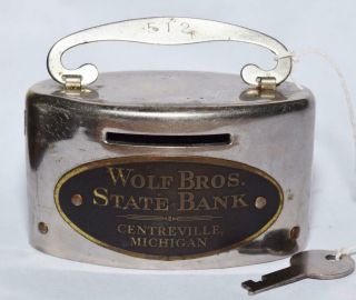 Vtg.  Metal Coin Bank W Key - Wolf Brothers State Bank - Centreville,  Michigan