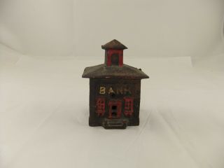 Vintage Small Cast Iron Coin Bank Bank Building Possibly J & E Stevens ?