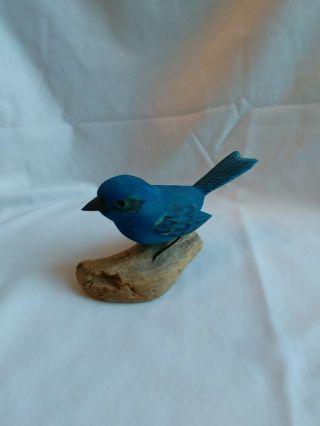 Vintage Hand Carved Blue Bird On Driftwood Signed Eugene Ownby Folk Artist