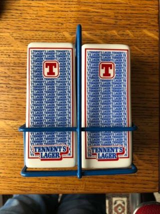 Vintage Tennents Salt And Pepper Set In Wire Stand Rare Item