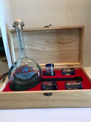 Corazon Tequila Blanco 100 Blue Agave Wooden Box,  Bottle 4 Hand Blown Shot