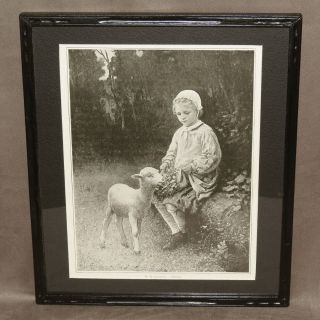 Wood Framed Vintage 1895 Print Childhood Girl Sheep Lamb By W.  H.  Lippincott